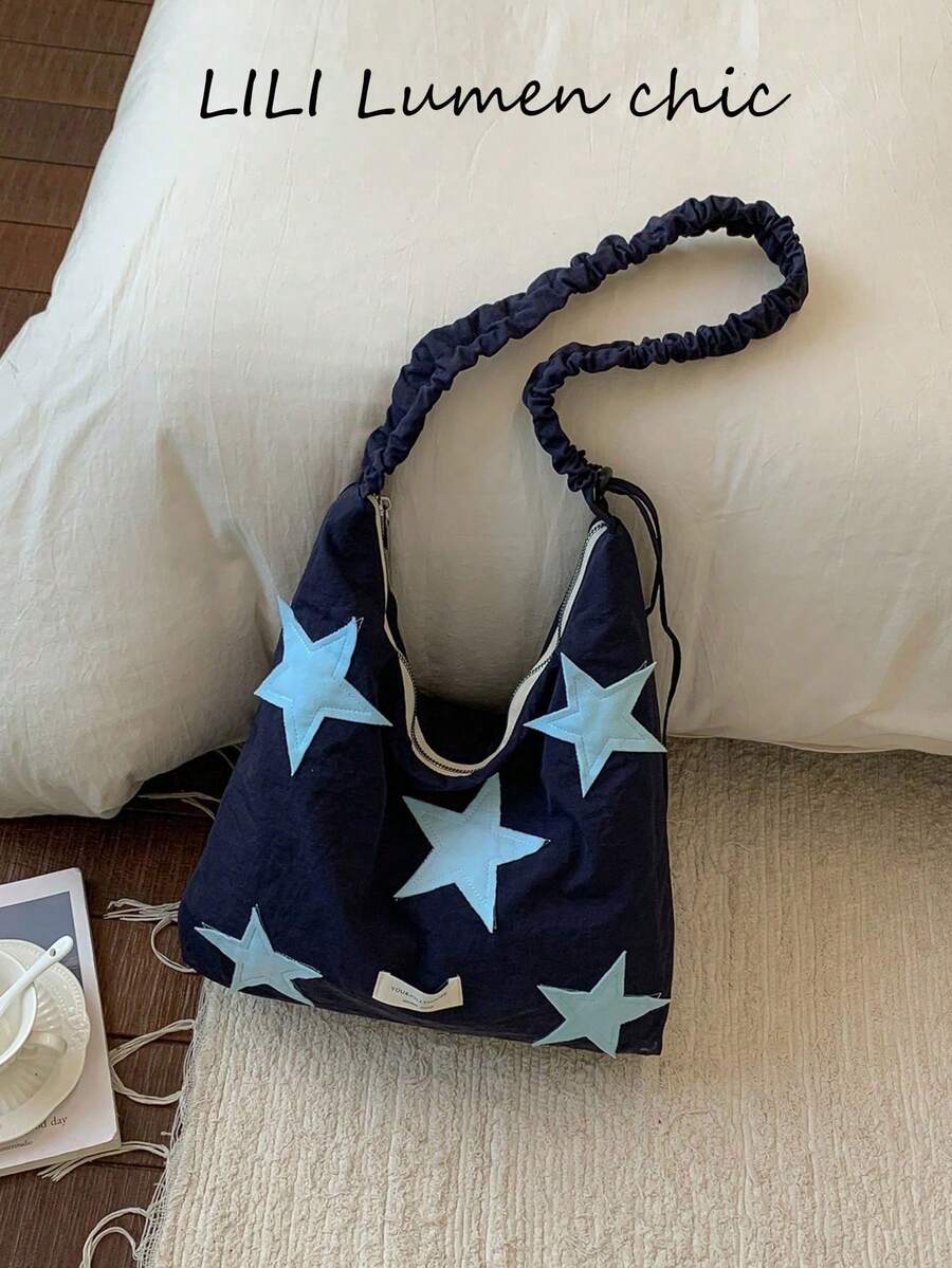 Colorblock Five-Pointed Star Fabric Pleated Shoulder Bag, Breathable Wrinkled Fabric Lightweight And Easy To Fold, Extra Large Capacity To Hold All Study And Travel Essentials, Steady Navy Blue Paired With Soft Light Blue Stars, Suitable For Casual And Academic Style Outfits All Year Round - Navy Blue - View 1