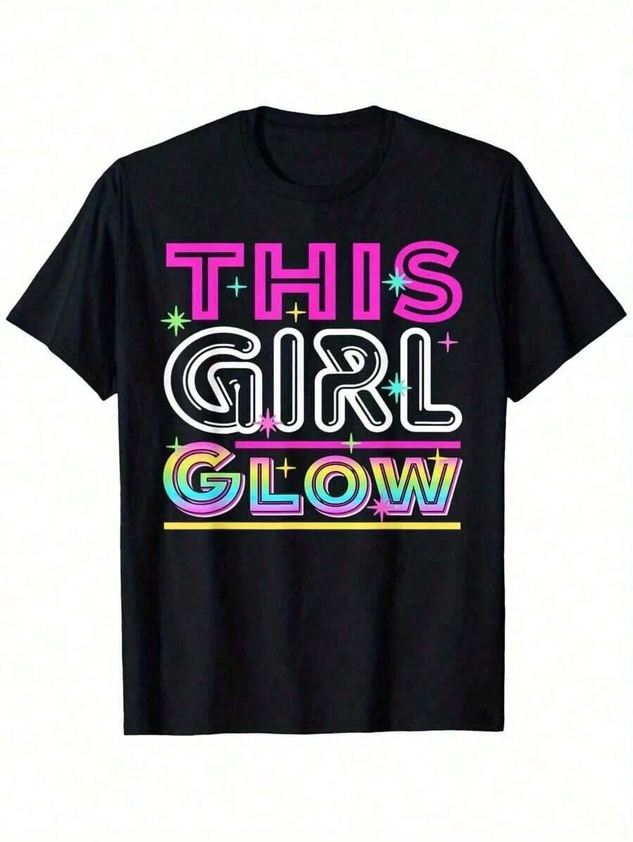 Camiseta con estampado vintage "This Will Shine" y diseño geométrico en neón, suave y transpirable, adecuada para todas las estaciones. - Negro - Ver 1