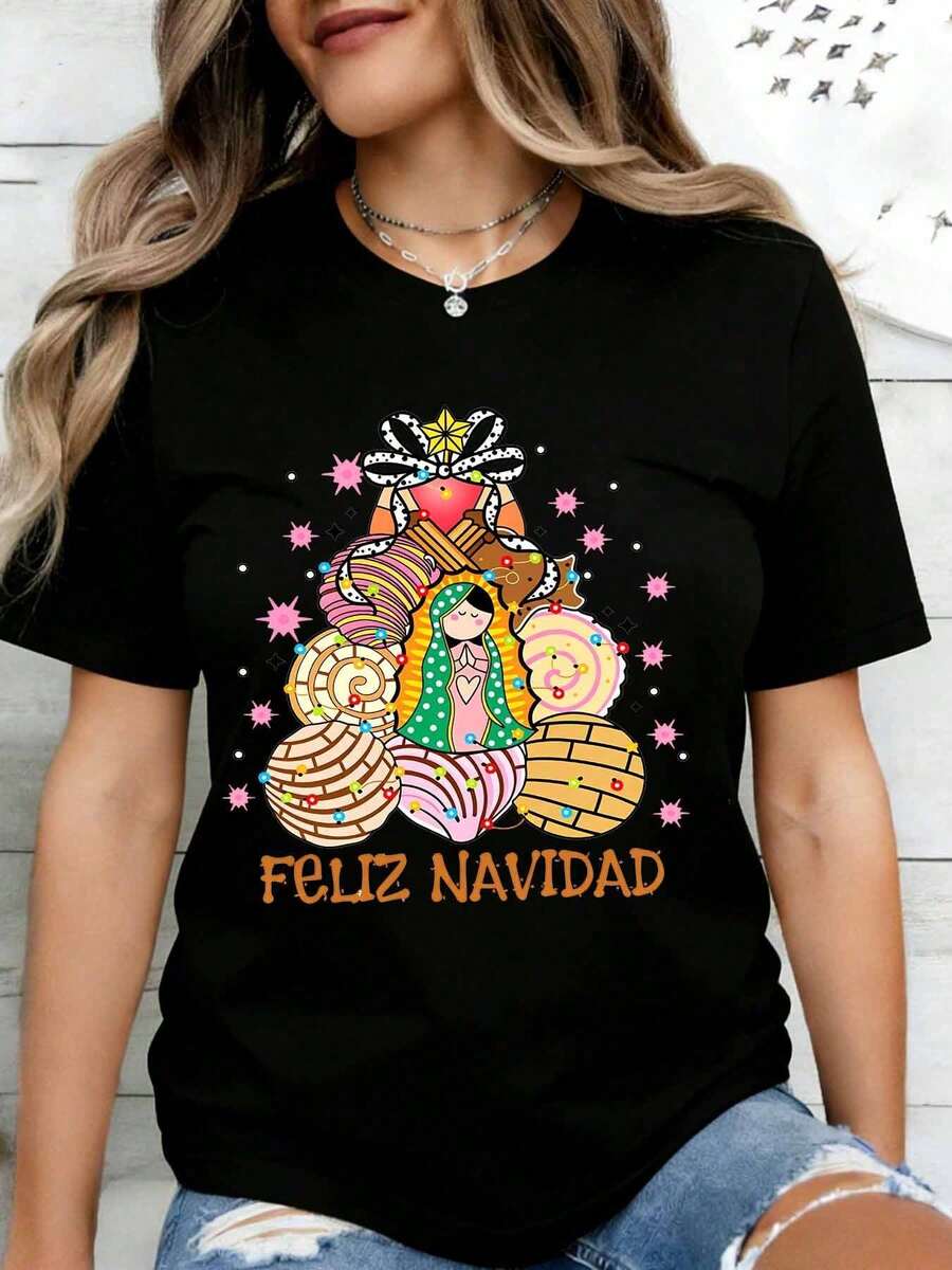 Women's Black T-Shirt With Witch Tarot Card Design, Halloween Magic Theme, Cat And Moon Print, Boho Style, Fashion Top - 黑色 - 查看 1