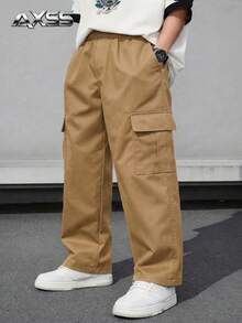 1pc Teen Boy Casual Loose Fit Straight Leg Cargo Pants With Big Pockets, American Design - Khaki - View 1