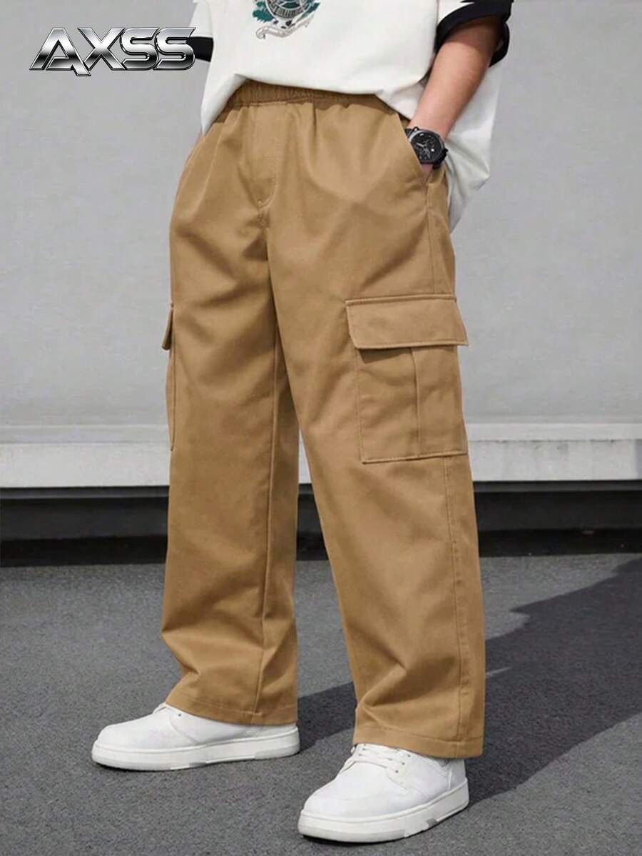 1pc Teen Boy Casual Loose Fit Straight Leg Cargo Pants With Big Pockets, American Design - Khaki - View 1