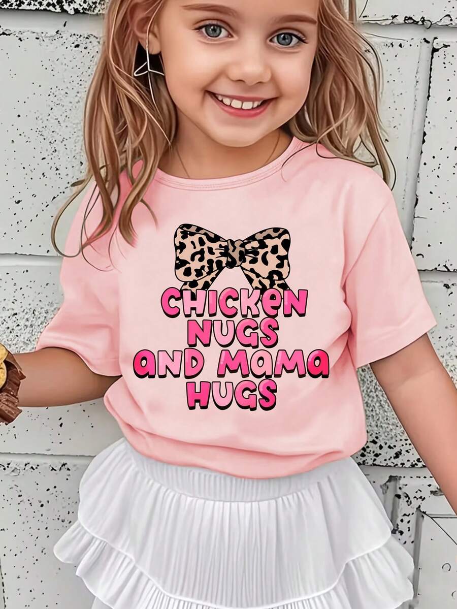 Girl's T-Shirt With The Inscription "Chicken Nugs And Mama Hugs" And A Leopard Print Bow, Modern, Casual And Versatile. - 灰色 - 查看 1
