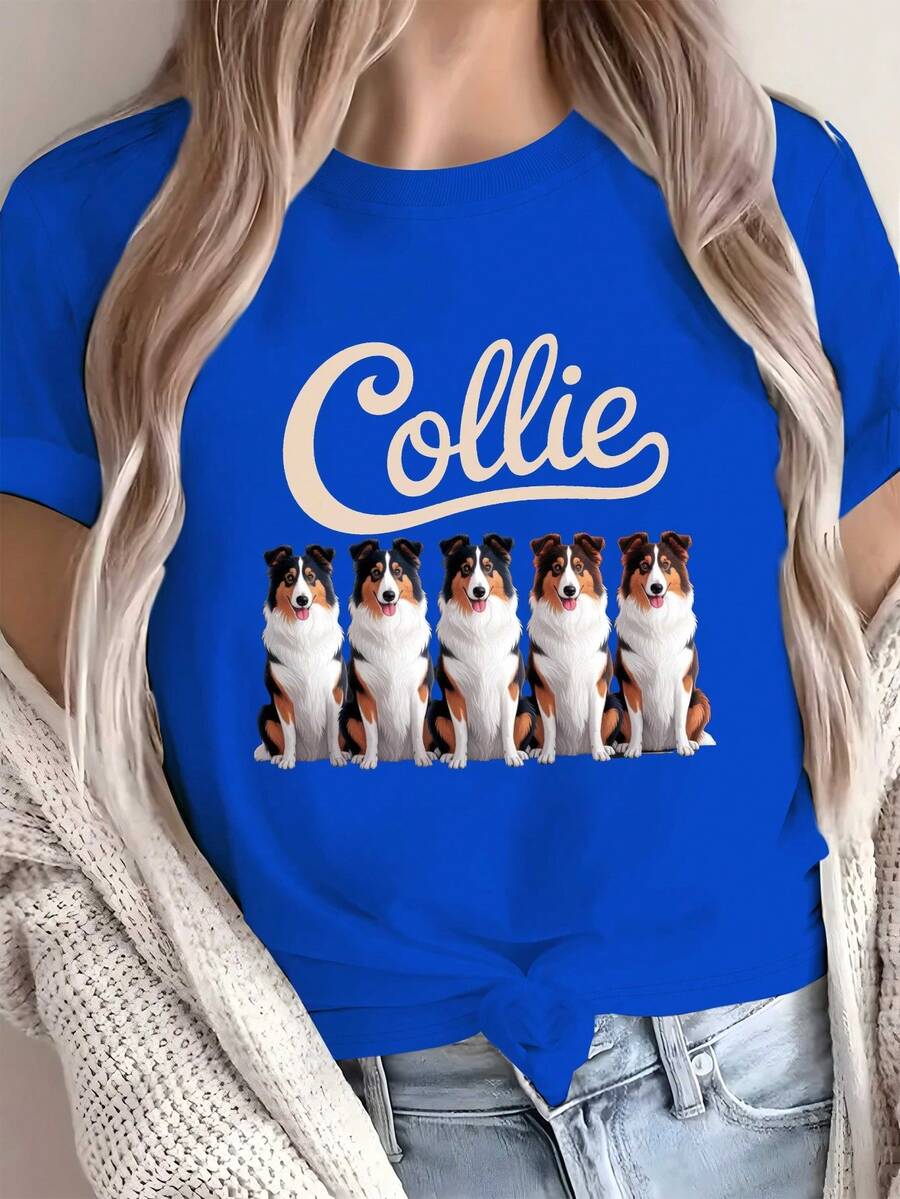Women's Solid Color, Comfortable And Soft Pure Cotton T-Shirt With Collie Dog Portrait Print. - Biru - View 1