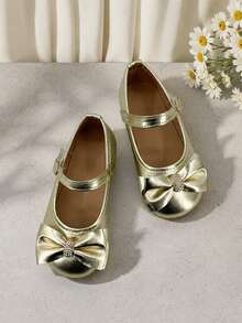 Girls Mary Jane Shoes Buckle Strap Bow Decor Easy Wear Flats - Gold - View 7