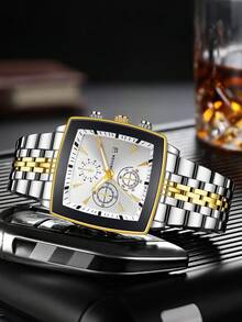 Reloj de pulsera de cuarzo con esfera cuadrada de tres ojos y calendario, estilo clásico de moda para hombre, estilo elegante (1 pieza/set), caja de reloj no incluida - Blanco - Ver 5