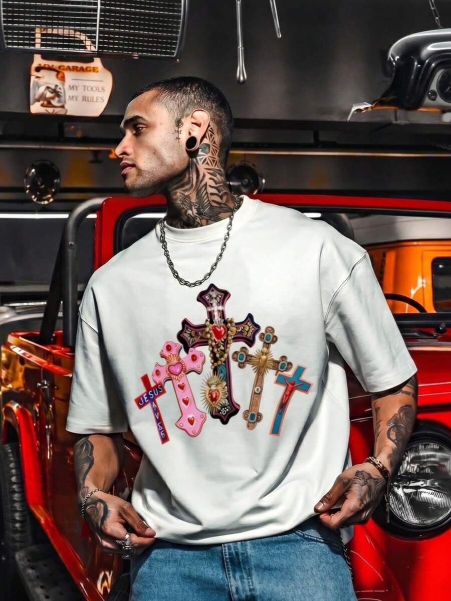 Dope | Men's Short Sleeve Round Neck Tee, American Street Cross Print Minimalist Casual Top For Daily Wear