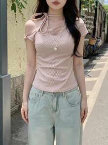 Rikumo Maglietta da donna con maniche asimmetriche a pois in stile coreano Y2K, rosa, a spalle scoperte, aderente, adatta per strada, pendolarismo, appuntamenti casual - Rosa - Visualizzare 1