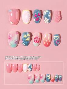 24pcs Short Oval 3D Gel Nail Art & Floral Nail Art, Summer Nails And Ocean Nails With Pearl Decoration, French Tip Design, Includes: 1pc Jelly Glue And 1pc Nail File - Multicolor - View 3