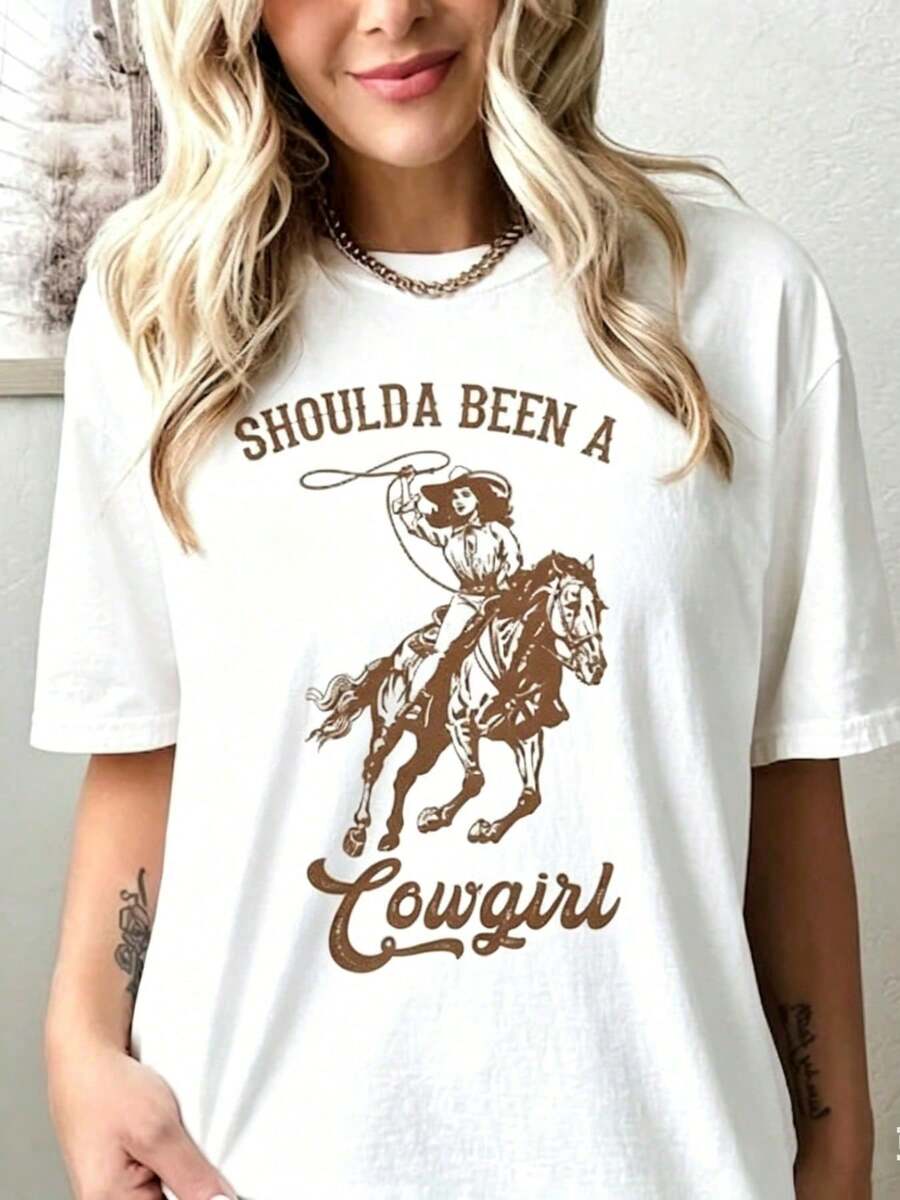 1 Pack Of Women's Clothing, Vintage Western Cowgirl Print, "Shoulda Been A Cowgirl Rodeo" Design, Casual Short-Sleeved Cotton T-Shirt, Summer Clothes. - 白色 - 查看 1