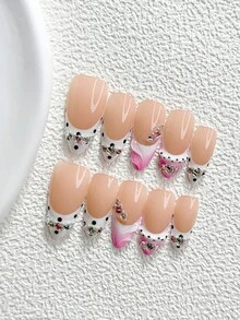 10pcs Y2K Style Handmade Press-On Nails, Polka Dot Wave Pattern Pink & White Water Ripple Poly Gel Nail Art Set, Rhinestone Embellished, Pink & White Nail Polish, Cool & Edgy Style, Includes Nail Tools, 3 Sizes Available, Almond/Duck/Coffin Shape, Suitable For Party, Dancing, Daily Wear - 彩色 - 查看 15