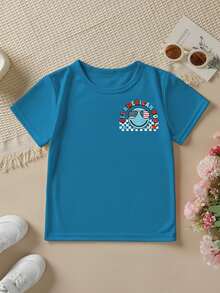 Fashionable Short-Sleeved T-Shirt For Boys 'American Independence Day' 'ALL AMERICA BOY' With Plaid Elements And Double-Sided Cartoon Print, Casual Outdoor Top - 藍色 - 查看 2