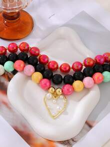 1pc Bohemian Flirty Style Creative Fashion Elegant Exquisite Luxurious Sweet High-Quality Dopamine Color Resin Beaded Heart Pendant Necklace Women Sisters Couples Prom/Graduation Jewelry Gift, Suitable For Daily Wear, Dating, Party, Holiday, Summer Beach Vacation - Multicolor - View 5