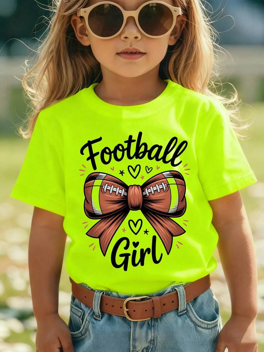 Girls' Short-Sleeved T-Shirt, Summer Style, With "Football Girl" Inscription, Rugby , Bow Print, Versatile Casual Top NY-DX9381 - Berwarna merah muda - View 1