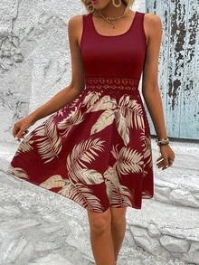 Vestido sin mangas con estampado tropical y ribete de encaje, ropa de mujer transfronteriza - Gris - Ver 7