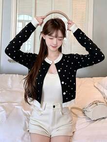 2026 Preppy Polka Dot Knit Cardigan, Elastic Knit Fabric Slimming Cardigan For Women 18-35 Years Old Vacation - Black Background With White Dots - View 4