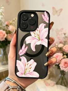 磁吸花朵 Apple 17/16/15/14/13/12 Pro Max 手機殼 磁吸充電保護殼 透明極簡高級防摔 - 黑殼-粉百合 - 查看 4