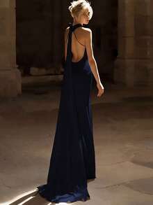 Basrey Đầm maxi dự tiệc nữ màu xanh navy trơn thanh lịch mới, cổ yếm, cài nút, cạp cao, satin, hở lưng, eo chiết, cho mùa thu - Màu xanh hải quân - Xem 3