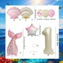 1 Set Mermaid Themed Balloon Set, Includes 32" Ivory Number Balloon, 39.37" Pink & Gold Mermaid Tail Balloon, 26" Pearl White & Pink Shell Balloons, 18" Pink & White Gradient Star Balloons, Suitable For Birthday Gifts, Mermaid Princess Themed Parties, Ocean Themed Events, Dream Theme, Easy To Create A Dreamy And Sweet Underwater Princess Atmosphere - View 2