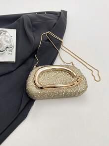 Women's Rhinestone Rounded Rectangular Evening Clutch, Front Curved Oval Handle Handbag, Fashion Crossbody Bag, Suitable For Wedding, Ball, Valentine's Day Party - Gold - View 4