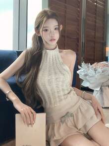 Sexy Rhinestone Decor Sleeveless Knit Crop Top, Design Details, Slim Fit, Summer White - White - View 7