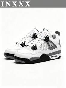 Men's White Grey Black Speckled Street Sneakers, AJ4 Inspired Non-Slip Trainers For Daily Clean Neutral Looks - 白水泥 - 查看 4