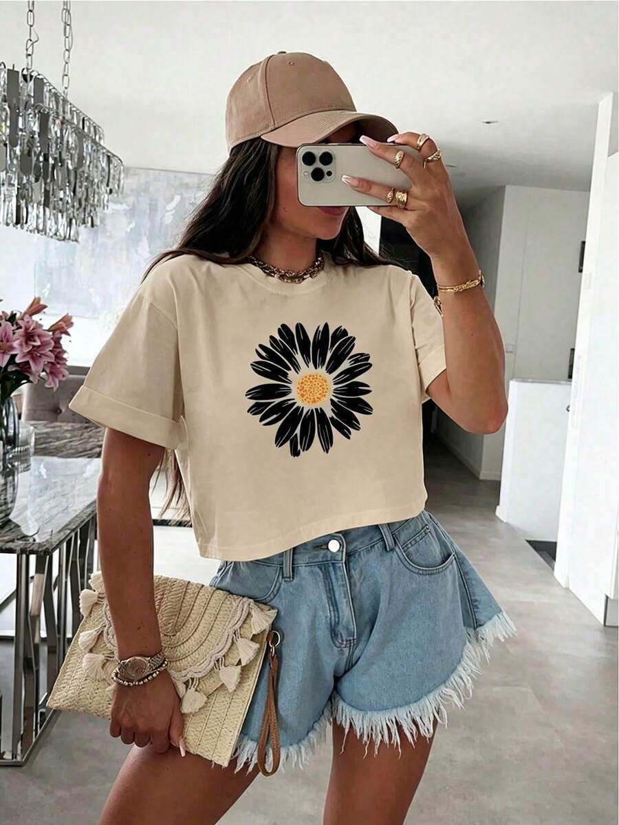 Women's Loose-Fitting Short T-Shirt,Women's Boxy Fit Cropped Graphic T-Shirt | Black Flowers Y2K / Short Sleeve Crew Neck Sweatshirt / Winter - 杏色 - 查看 1