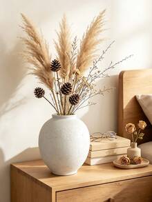 White Ceramic Vase, 5.7-Inch Large, Round, Sandstone White | Farmhouse Style, Handcrafted Texture, Minimalist Design, Home Decor. - A - View 4