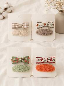 Retro Scalloped Edge Floral Ribbon Bow Combo Hair Clips, Soft Curly Fuzzy Plush BB Hair Pins, Neutral Tone Aesthetic Hair Decor Accessories - Multicolor - View 1