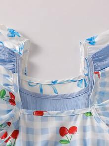 Conjunto de 3 vestidos casuales de verano para niñas jóvenes, con mangas volantes, estampado de cuadros de cereza y moño, adecuado para vacaciones, playa, actividades al aire libre y uso diario - Multicolor - Ver 3