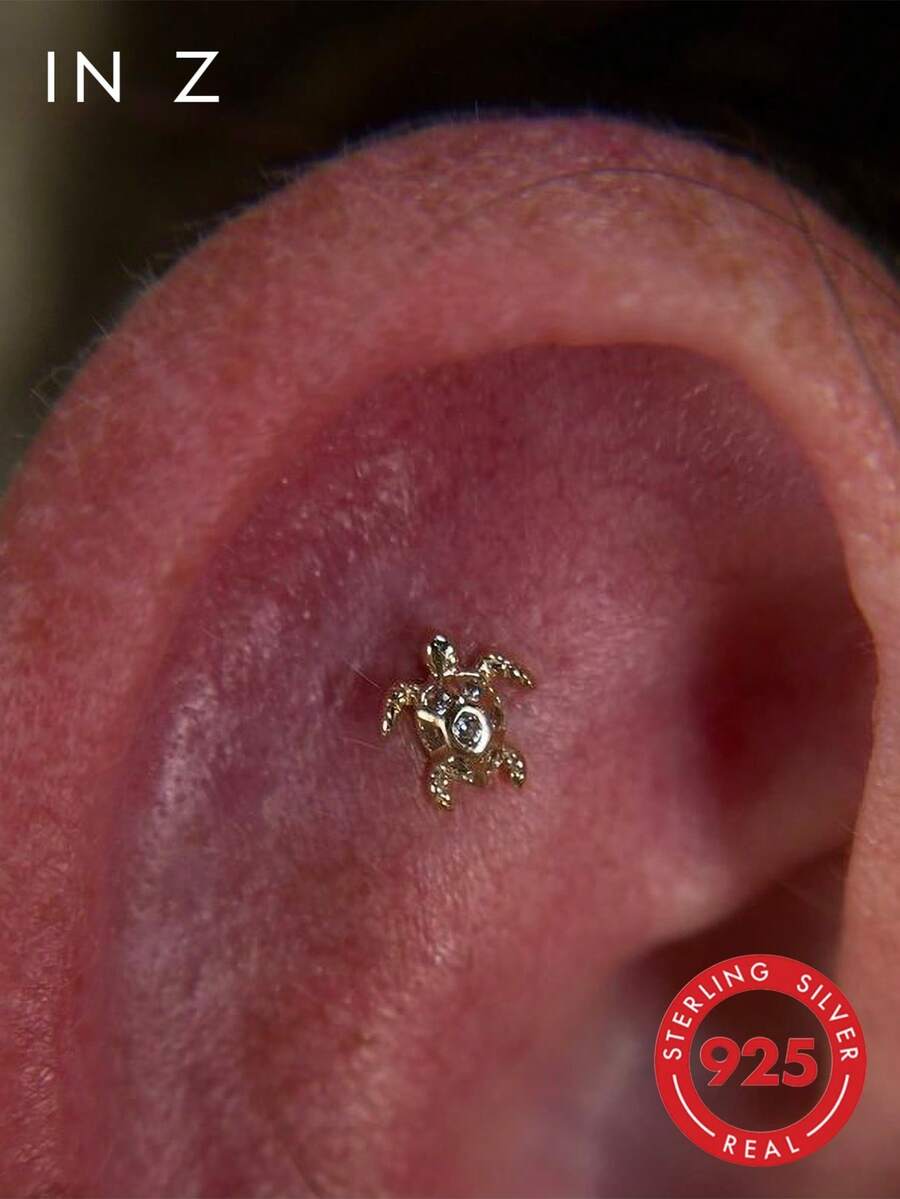 IN Z 1pc 925 Sterling Silver Zirconia Inlaid Turtle Flat Stud Earring | Small Stud Earring | Stackable Earring | Cartilage Stud Earring | Ear Cartilage Stud Earring | Layered Earlobe Stud Earring | 925 Sterling Silver Jewelry | Suitable For Women's Daily Wear | Sold Individually (Not A Pair) - Sea Turtles - View 1