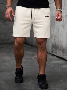 MAISONFOX 男士純色休閒口袋提花短褲，寬鬆抽繩短褲，適合夏季戶外街頭穿搭 - 杏色 - 查看 10
