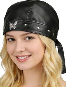 Icebanner Gorro de piel sintética con estampado de mariposa estilo gótico punk para mujer, estilo urbano atrevido, pañuelo para la cabeza con remaches plateados - Negro - Negro - Ver 1