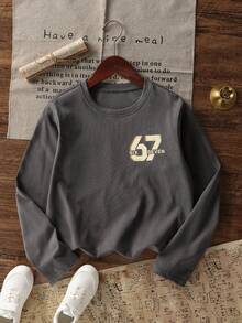 Tween Boy Casual Fun Graphic Print Crew Neck Pullover Long Sleeve T-Shirt Autumn/Winter Top - Dark Grey - View 5