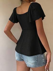 Women's T-Shirt, Modern And Elegant, New For Spring/Summer, Y2K Style, Solid Color, Jacquard, Comfortable And Breathable, With V-Neck, Adjustable Drawstring And Short Sleeves - 黑色 - 查看 4