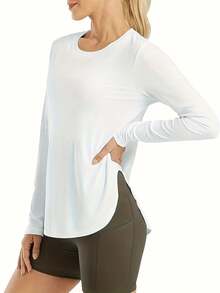 Camiseta informal holgada de manga larga sólida negra, top deportivo para fitness, yoga y running, ropa para mujer - Blanco - Ver 2