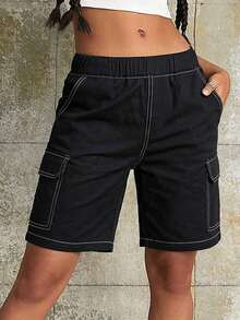 1 pieza Shorts tipo bermuda deportivos casuales personalizados con múltiples bolsillos para niñas adolescentes, primavera verano otoño - Negro - Ver 6