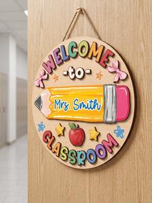1pc Personalized Custom Text Round Wooden Classroom Door Sign,Custom Teacher Name Welcome Wall Hanging Plaque,2D Flat Pencil Apple School Door Hanger,Teacher'S Day Back To School Gift,Educators,Classroom Front Door Welcome Decorations - Apricot - View 6