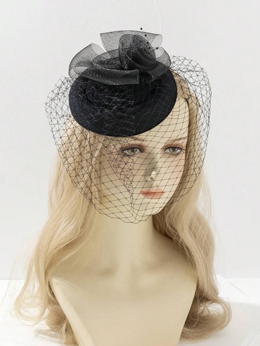 1pc Elegant Mesh Bridal Veil Hair Cap - Black-407 - View 1