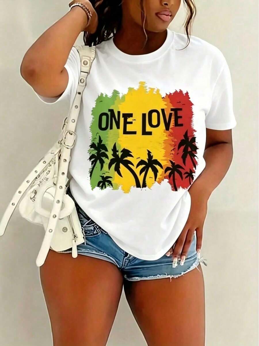 1packY2K Women's Cotton T-Shirt, Plus Size Fashionable Women's Clothing With "One Love With Palm Trees & Colors" Print, Casual Short Sleeve Printed Top, Womsoft - 白色 - 查看 1