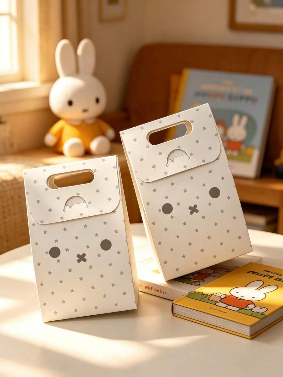 12pcs Cute Miffy Rabbit Star Shaped Paper Gift Bag With Handle, Foldable Packaging Box, Self Sealing Candy Biscuit Snack Packaging Bag, Used For Boutique Product Wedding Party Gift Packaging. - Multicolor - View 1