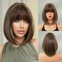 7JHH WIGS 蜂蜜棕短波波頭女用假髮,附瀏海,12英吋直髮合成纖維,免膠水耐熱纖維,逼真輕盈,適合日常與派對穿戴 - 挑染棕色 - 查看 12