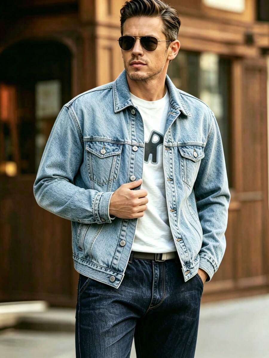 Veste en jean bleu clair pour hommes, lavée vintage, veste en jean à manches longues avec une finition de lavage usé, parfaite pour tous les jours - bleu denim clair - Voir 1