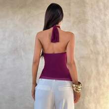 Women's Purple Chiffon Halter Top, With Metal Clasp And Multiple Ruffles, Sheer Backless Blouse For Parties And Date Nights - 深洋紅色 - 查看 2