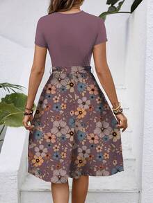 Vestido Midi Floral de Manga Corta y Cuello Redondo para Mujer, con Cintura Ajustable, Estilo Casual para Vacaciones de Verano - Morado - Ver 2