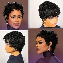 Short Loose Curly Wig Human Hair 6inch 180% Density Wigs For Women Short Pixie Cut Wig Full Machine Made Brazilian Remy Hair Wig For Daily Use 1B Color - Natural Black - View 8