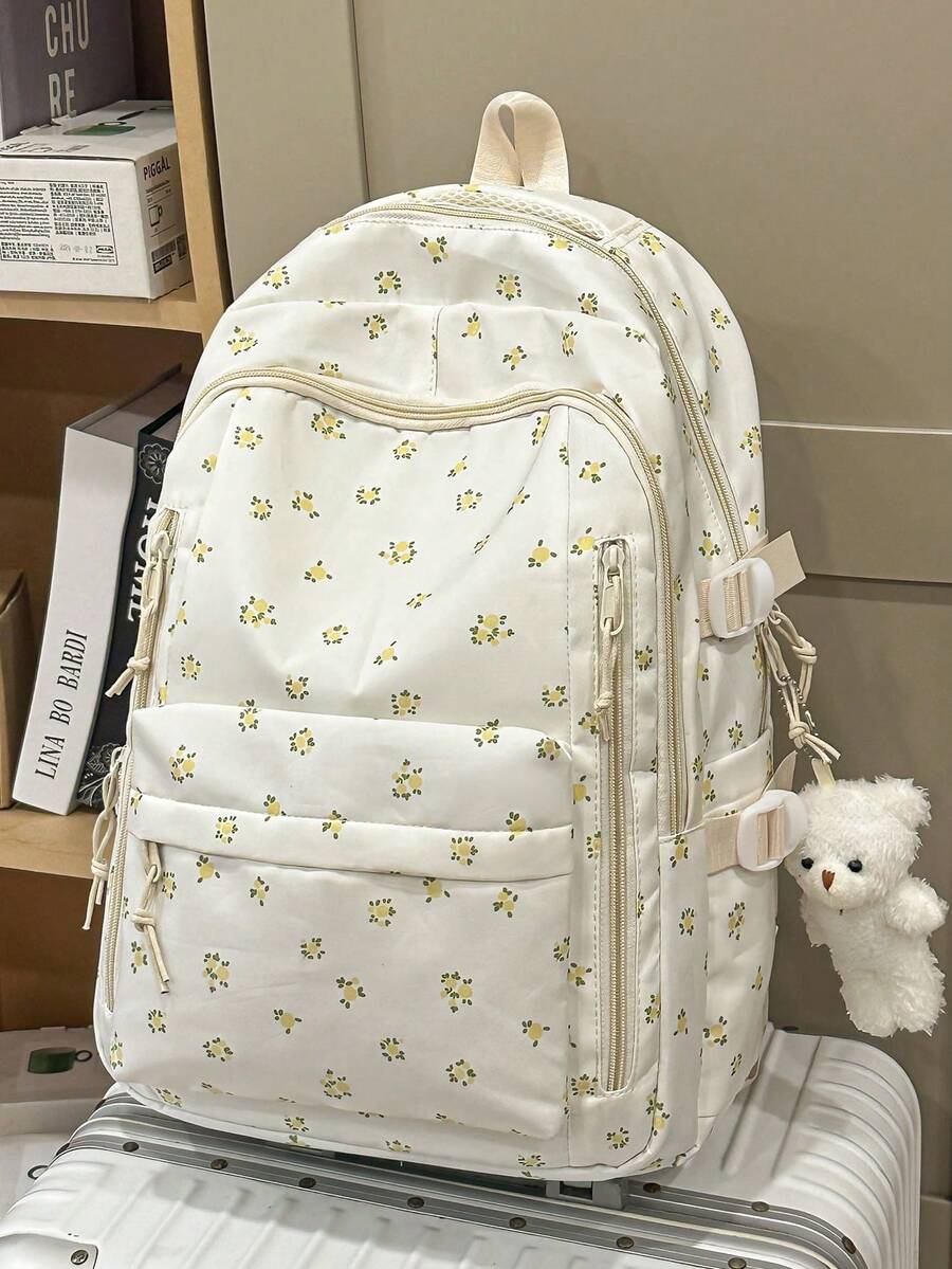 新款青少年女孩後背包,時尚花卉款大容量百搭學生包,可愛大學校園書包 - 黃色 - 查看 1
