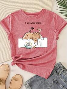 Camiseta de manga corta para mujer, serie "Cinco Minutos para Dormir", estilo casual de cuello redondo, estilo retro a la moda, estilo deportivo casual para primavera y otoño, disponible en - Gris Oscuro - Ver 11