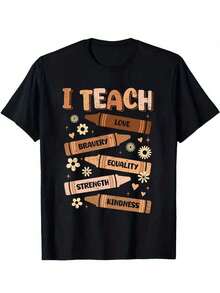 Boys' T-Shirt With Crayon Print And Phrases "I Teach Love Bravery Equality Strength Kindness" For Girls And Boys, Unisex, Short Sleeve - 黑色 - 查看 3