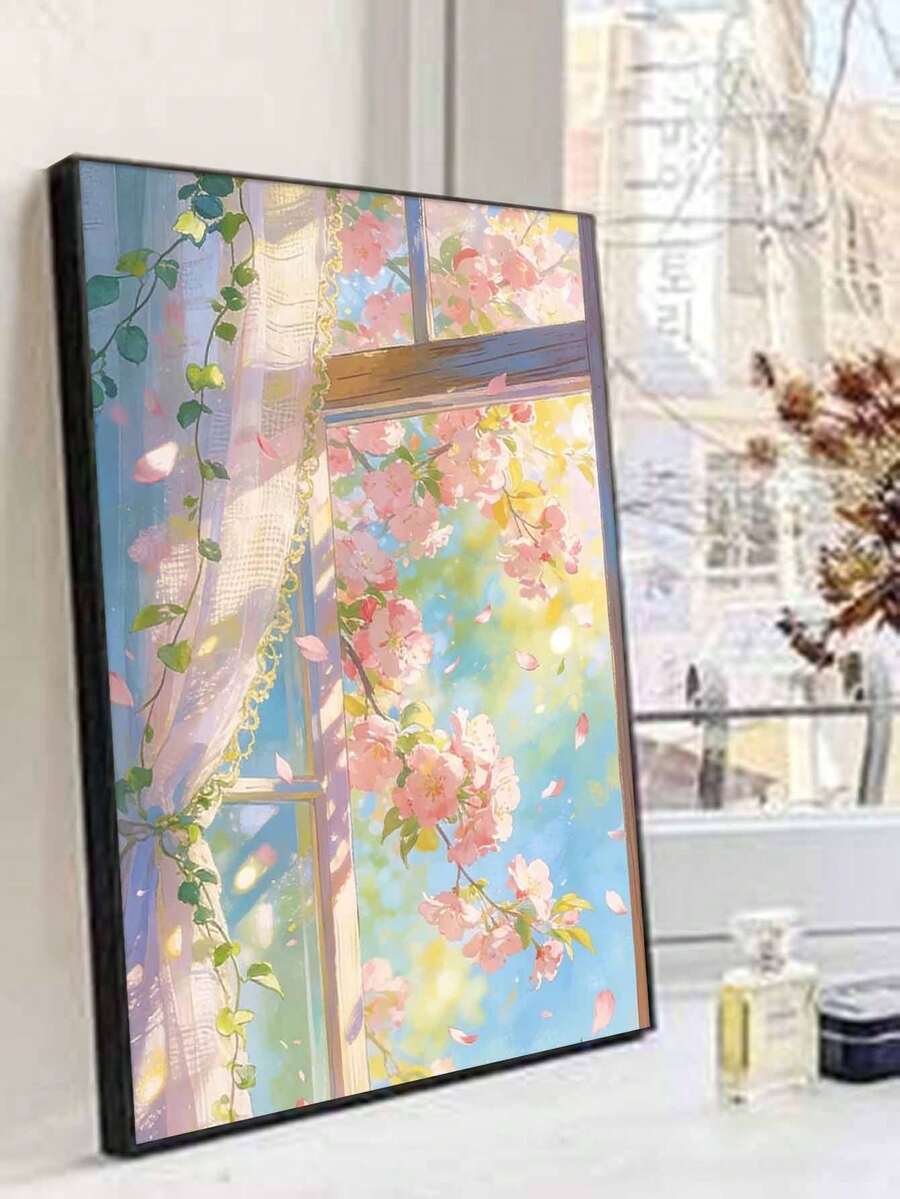 春季櫻花窗景DIY數位油畫 手作成人居家裝飾牆面藝術品 節日禮物 適合客廳 - 套裝 - 查看 1