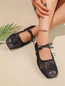 Black Square Toe Flat Mary Jane Shoes With Lace Mesh, Slip-On Elastic Band Fashion Loafers, Women's Spring/Autumn New Low Vamp Casual Shoes, Elegant Commuter Office Minimalist Style - Black - View 5